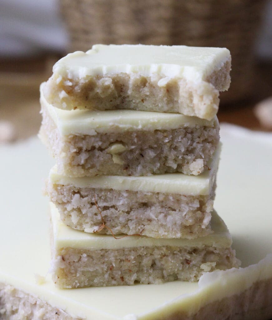 Baobab energy bars with white chocolate stacked on top of each other, a healthy snack made with baobab.